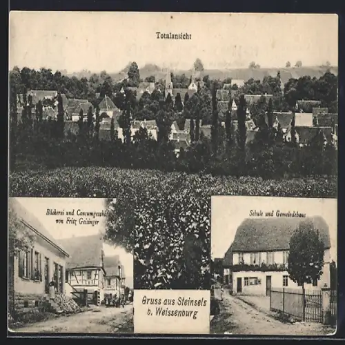AK Steinsels b. Weissenburg, Bäckerei und Geschäft Fritz Geisinger, Schule und Gemeindehaus
