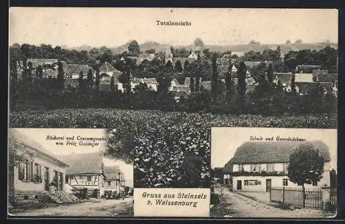 AK Steinsels b. Weissenburg, Bäckerei und Geschäft Fritz Geisinger, Schule und Gemeindehaus