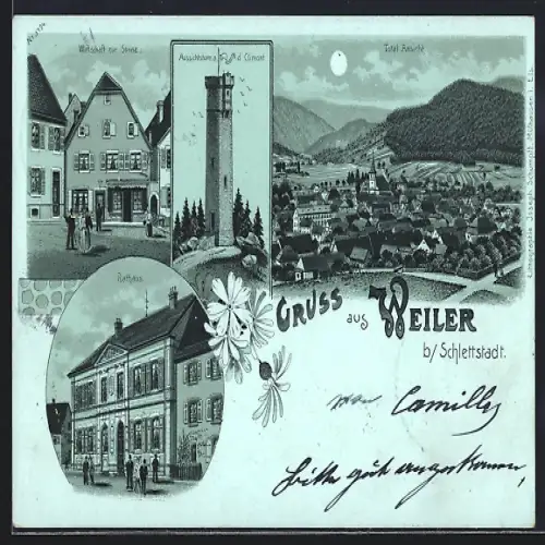 Mondschein-Lithographie Weiler b. Schlettstadt, Gasthaus zur Sonne, Rathaus, Aussichtsturm a. d. Climont