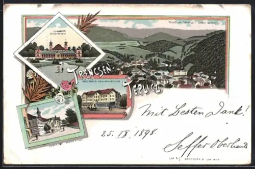 Lithographie Trencsen-Teplitz, Hotel Teplicz, Hamam Bad, Cursalon, Panorama