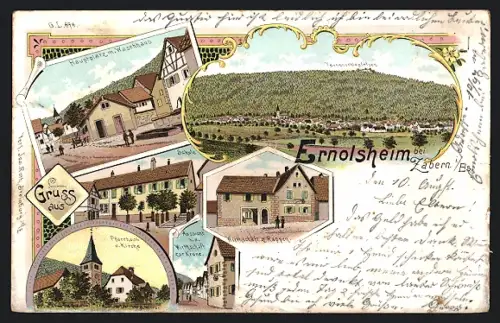 Lithographie Ernolsheim bei Zabern, Gasthaus zur Krone, Pfarrhaus u. Kirche, Hauptplatz m. Waschhaus