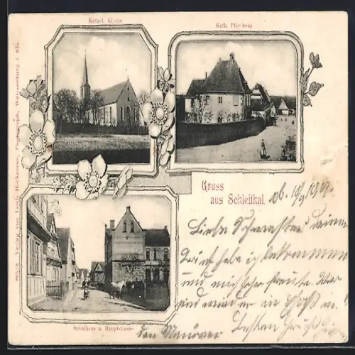AK Schleithal, Kath. Kirche, Kath. Pfarrhaus, Schulhaus u. Hauptstrasse
