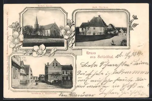 AK Schleithal, Kath. Kirche, Kath. Pfarrhaus, Schulhaus u. Hauptstrasse
