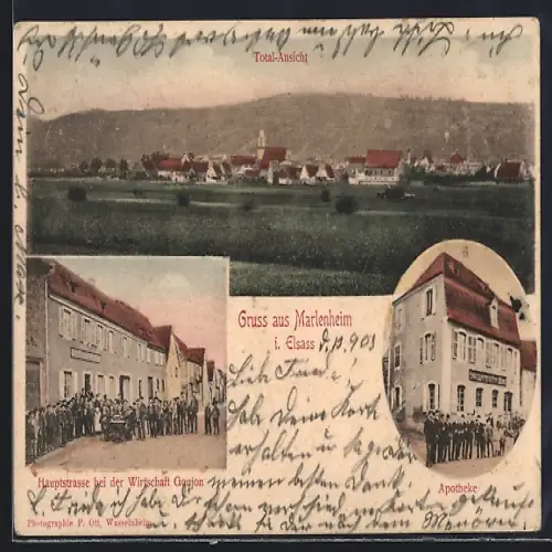 AK Marlenheim i. Elsass, Gasthaus Goujon in der Hauptstrasse, Apotheke