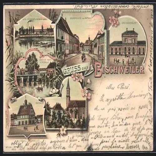 Lithographie Bischweiler, Evangelische Kirche, Rathaus, Wagnergasse, Stationsgebäude