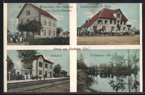 AK Enzheim, Bahnhof, Wirtschaft zur Station v. Daniel Noeppel, Cementfabrik F. Rieb, Enzheimer See