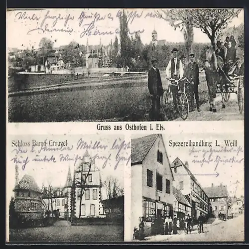 AK Osthofen i. Els., Spezereihandlung L. Weill, Schloss Baron Grouvel