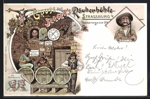 Lithographie Strassburg i. E., Serger`s Räuberhofe in der Thomannsgasse 34