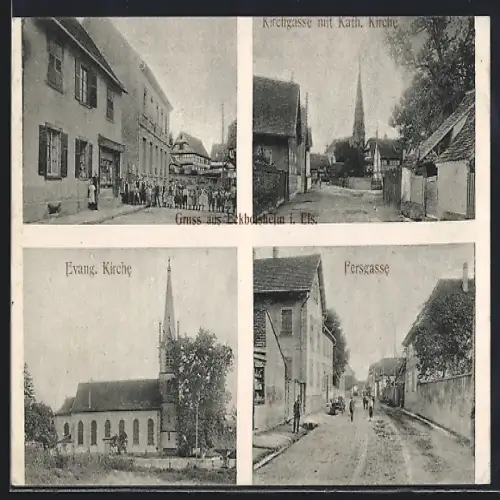 AK Eckbolsheim i. Els., Evang. Kirche, Fersgasse, Kirchgasse mit Kath. Kirche