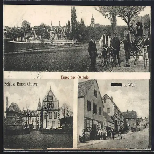 AK Osthofen, Spezereihandlung L. Weill, Schloss Baron Grouvel, Ortspartie und Mann mit Fahrrad