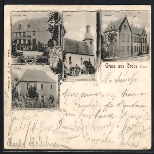 AK Grube /Elsass, Gasthaus Lassiat, Kirche, Schulhaus, Privathaus