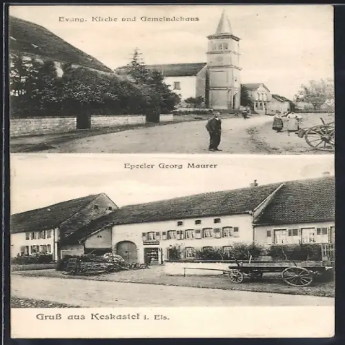 AK Keskastel i. Els., Epecier Georg Maurer, Evang. Kirche und Gemeindehaus