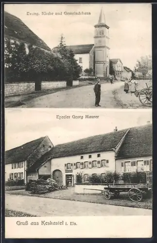 AK Keskastel i. Els., Epecier Georg Maurer, Evang. Kirche und Gemeindehaus