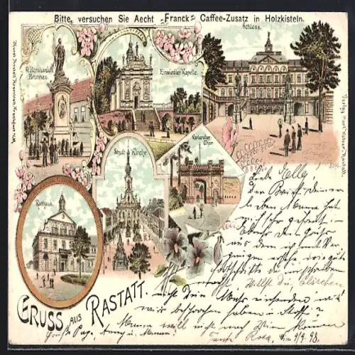 Lithographie Rastatt, Schloss, Stadtkirche, Einsiedler Kapelle, Rathaus