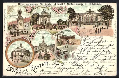 Lithographie Rastatt, Schloss, Stadtkirche, Einsiedler Kapelle, Rathaus