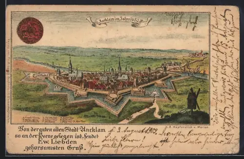 Lithographie Anklam, Historische Stadtansicht aus dem Jahr 1950 nach Merian