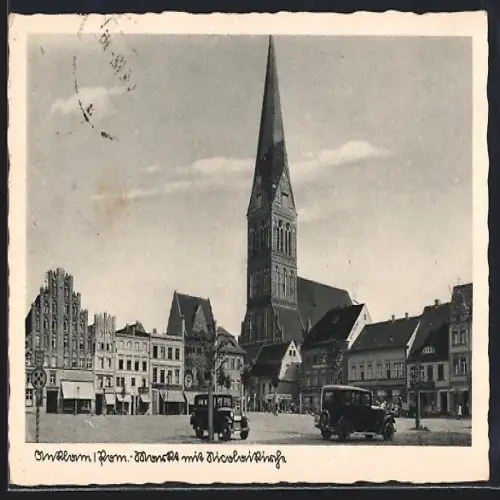 AK Anklam /Pom., Markt mit Nicolaikirche und Geschäften