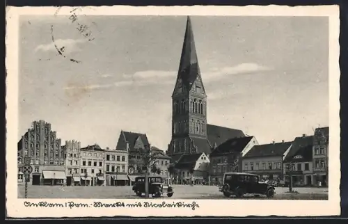 AK Anklam /Pom., Markt mit Nicolaikirche und Geschäften