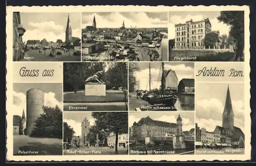 AK Anklam, Fliegerhorst, Hafen mit neuem Silo, Markt, Pulverturm, Rathaus mit Peenebrücke