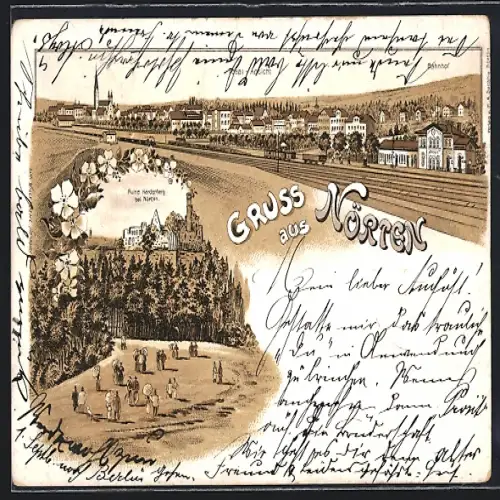 Lithographie Nörten, Bahnhof, Ruine Hardenberg