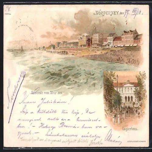Lithographie Norderney, Kaiserstrasse vom Meer aus, Logirhaus