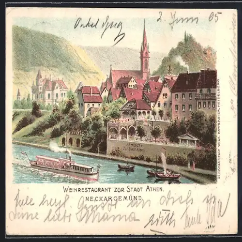 Lithographie Neckargemünd, Weinrestaurant zur Stadt Athen, Dampfer