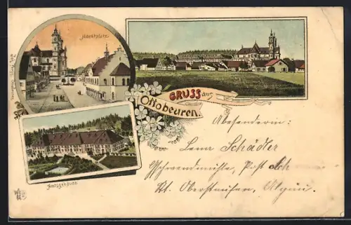 Lithographie Ottobeuren, Teilansicht, Marktplatz, Gebäudeansicht