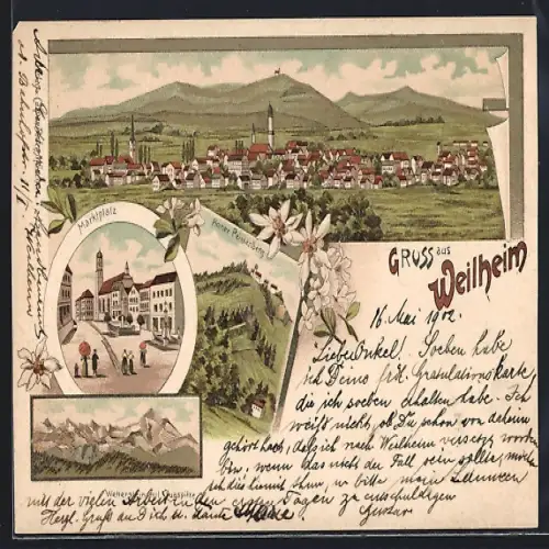 Lithographie Weilheim / Obb., Totalansicht, Marktplatz, Wetterstein mit Zugspitze