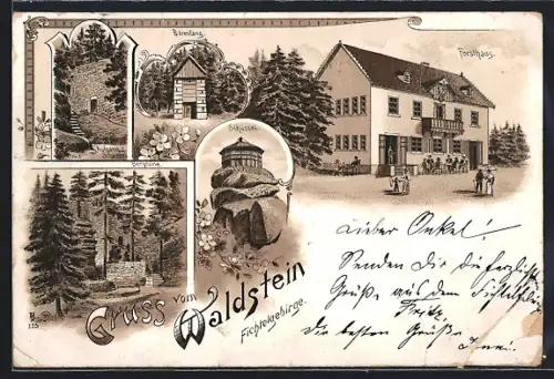 Lithographie Waldstein / Fichtelgebirge, Bärenfang, Forsthaus, Aufgang z. Schüssel, Bergruine, Schüssel