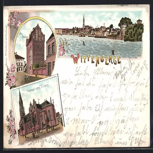 Lithographie Wittenberge, Am Steinthor, Evangelische Kirche, Ortsansicht