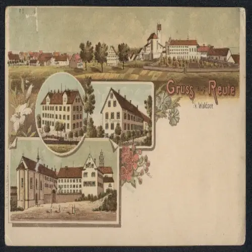Lithographie Reute o. a. Waldsee, St. Joseph, Ortsansicht