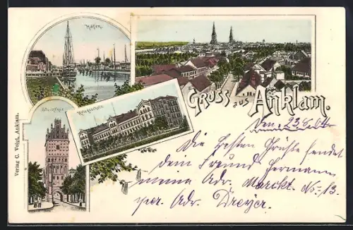 Lithographie Anklam, Hafen, Steintor, Kriegsschule