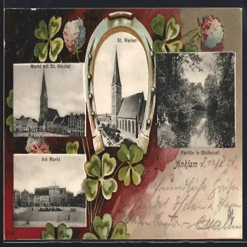 AK Anklam, St. Marien, Markt mit St. Nicolai, Am Markt, Partie in Bluthslust, Hufeisen und Klee
