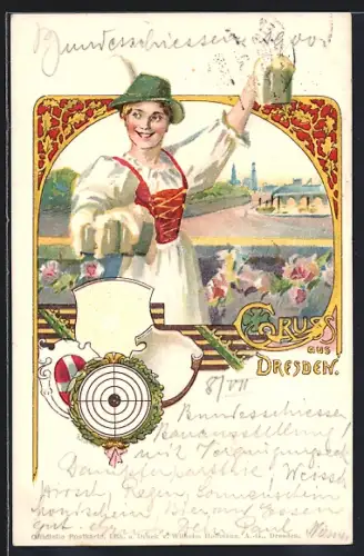 Lithographie Dresden, Gruss vom Schützenfest, Wirtin mit Bierkrügen