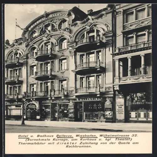 AK Wiesbaden, Hotel und Badhaus Bellevue in der Wilhelmstrasse 32
