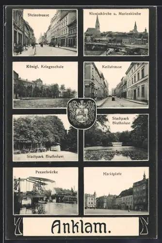 AK Anklam, Peenebrücke, Königl. Kriegsschule, Stadtpark Bluthlust, Steinstrasse
