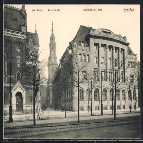 AK Dresden, Landständische Bank in der Pfarrgasse 5 mit Blick auf die Kreuz-Kirche