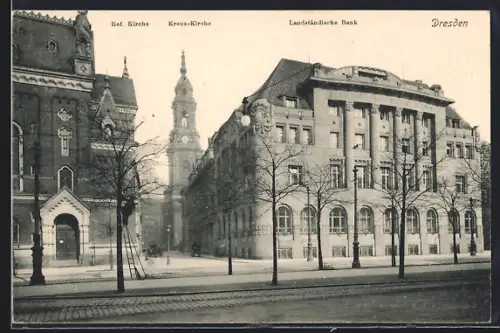 AK Dresden, Landständische Bank in der Pfarrgasse 5 mit Blick auf die Kreuz-Kirche