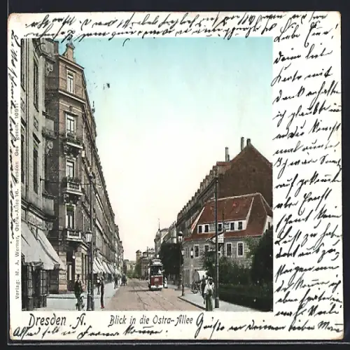 AK Dresden A., Blick in die Ostra-Allee mit Strassenbahn