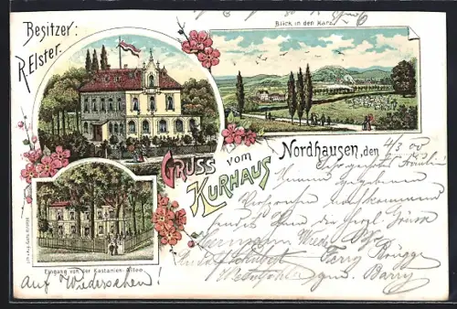 Lithographie Nordhausen, Kurhaus von R. Elster, Eingang von der Kastanien-Allee