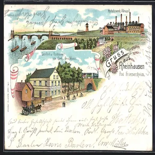 Lithographie Rheinhausen / Rhein, Gasthof u. Restaurant von Gerh. Bruckhaus, Hochofenwerk Krupp