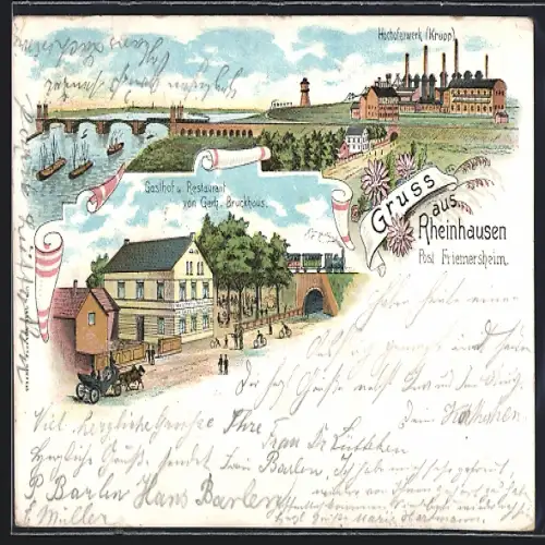 Lithographie Rheinhausen / Rhein, Gasthof u. Restaurant von Gerh. Bruckhaus, Hochofenwerk Krupp