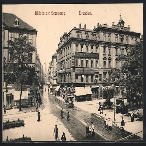 AK Dresden, Blick in die Seestrasse, Piano-Magazin und Geschäft Gohne & Northmann