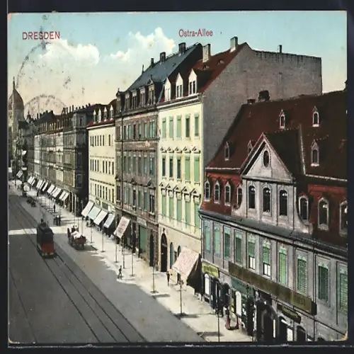 AK Dresden, Ostra-Allee mit Geschäften und Strassenbahn