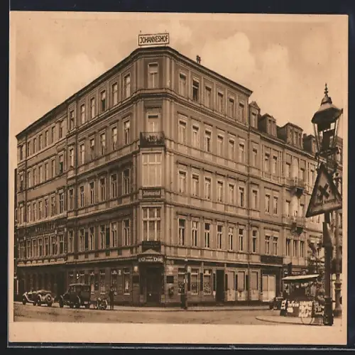 AK Dresden-A., Gasthof Johanneshof und Wein-Trichter, Inh. Alwin Liebscher, Lingnerallee Ecke Johannesstrasse