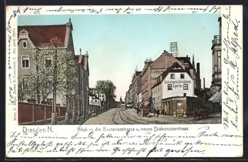 AK Dresden-Neustadt, Bautznerstrasse und neues Diakonissenhaus, Geschäft L. Welschke