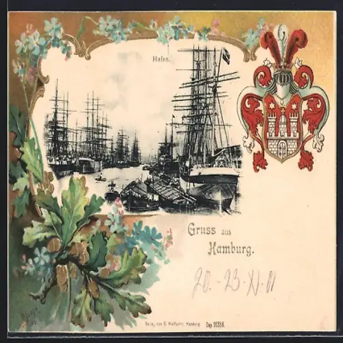 Passepartout-Lithographie Hamburg, Hafen mit Segelschiffen