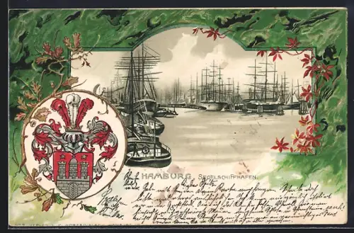 Passepartout-Lithographie Hamburg, Segelschiffhafen, Wappen, Neujahrsgruss