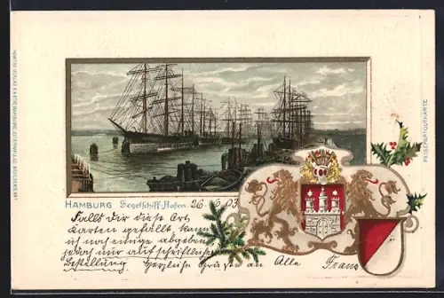 Lithographie Hamburg, Wappen und Segelschiff-Hafen