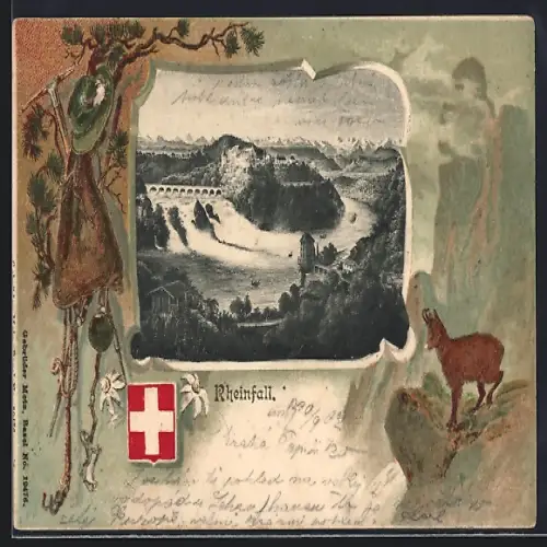 Passepartout-Lithographie Rheinfall, Ansicht der Wasserfälle aus der Vogelschau, Wanderausrüstung und Gemse